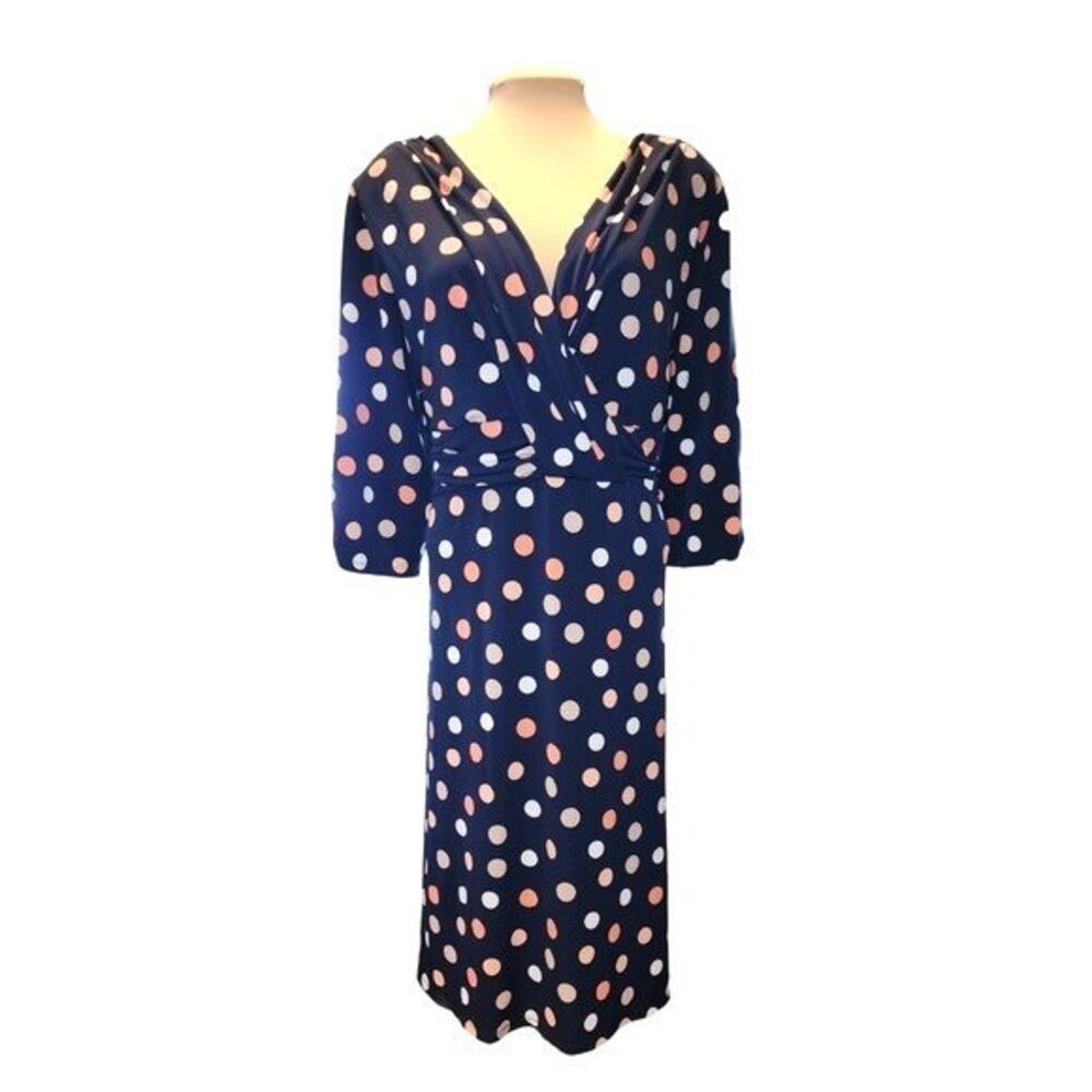 Ashley Stewart Navy Pink & Cream Polka Dot V-Neck Midi‎ Dress Plus Size 22/24